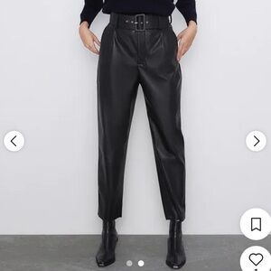 New Zara Black High Rise Pleated Faux Leather Pants Size Extra Small